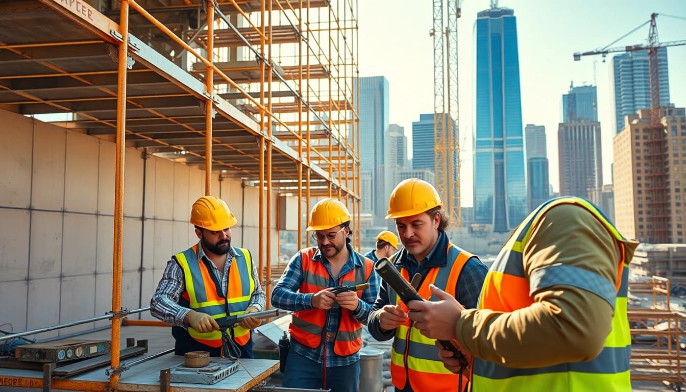 Skilled New York General Contractor team collaborating on a modern urban construction site.