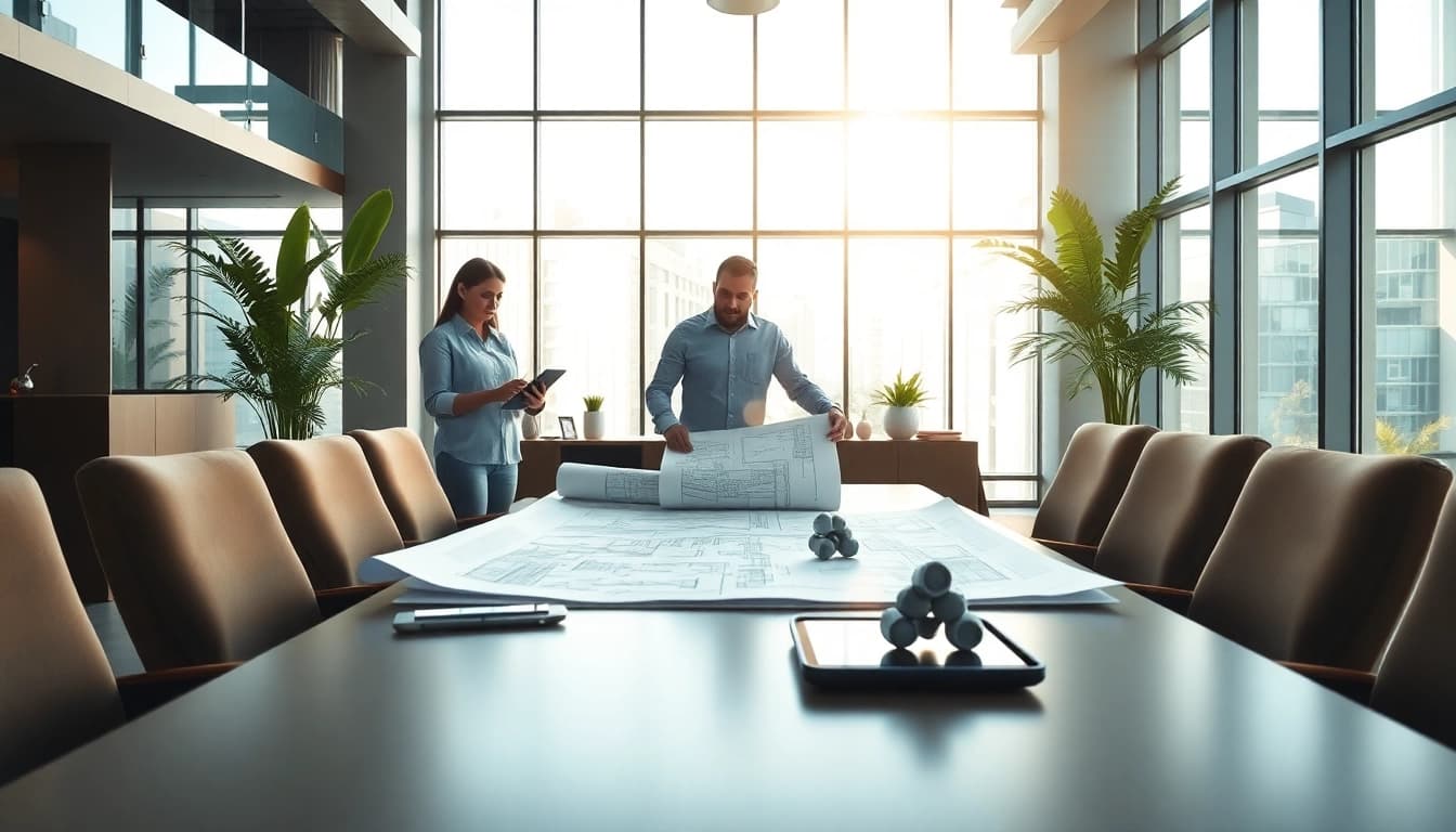 Team discussing plans in an architecture and engineering firm office setting.
