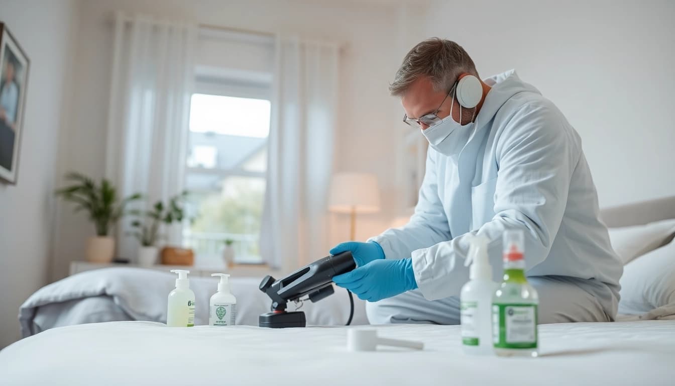 Effective bed bug treatment application by a professional technician in a clean bedroom environment.