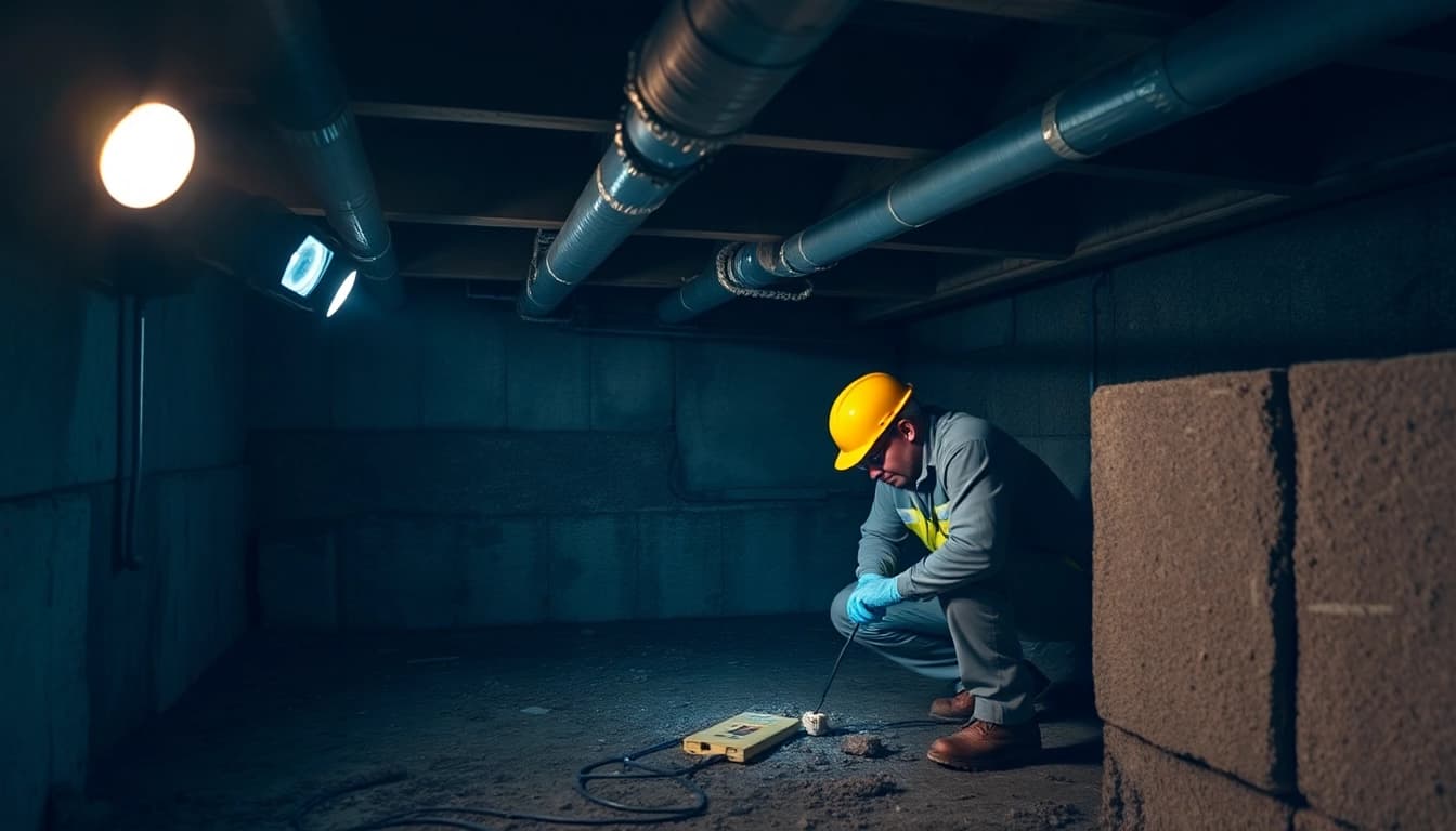 Crawl Space Restoration overview showing professionals repairing a damp basement area.