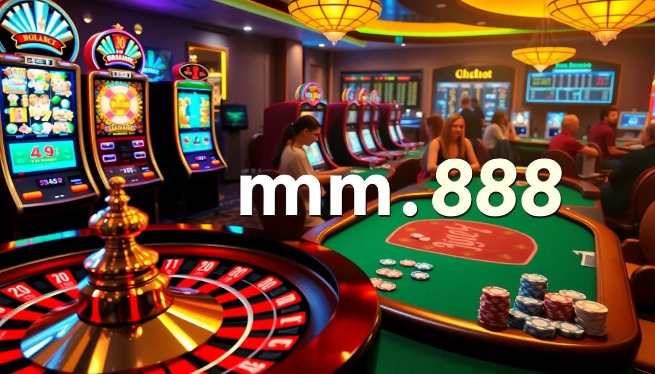 Experience thrilling gameplay as players engage at the mm 88 roulette wheel, vying for big wins on vibrant slot machines.