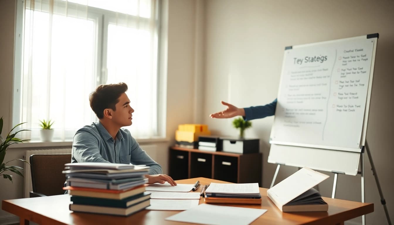 Person receiving toefl expert help in a well-lit, engaging study environment with a mentor.