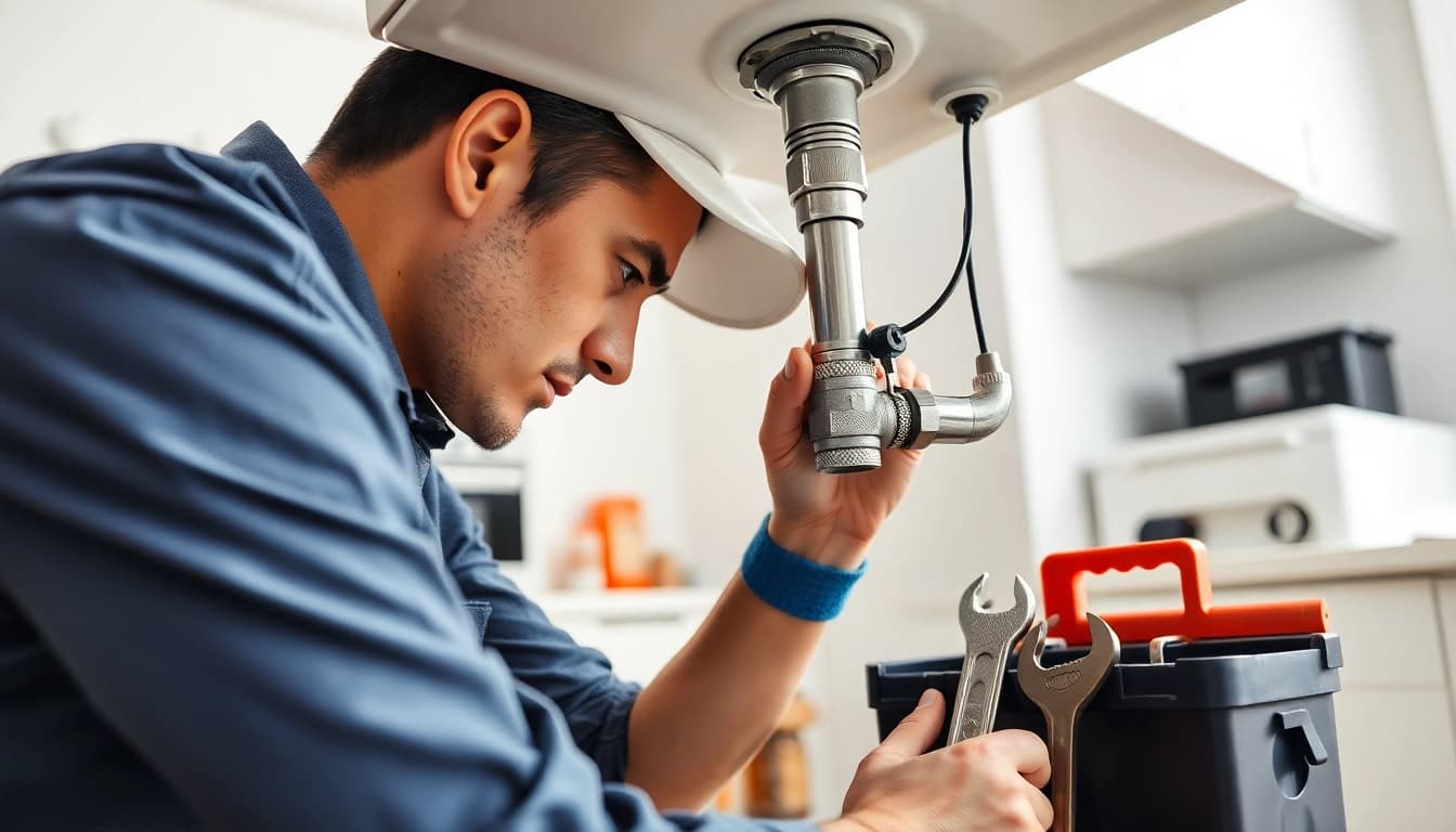 Fixing a leak, a plumber near me demonstrates expertise in a modern kitchen.