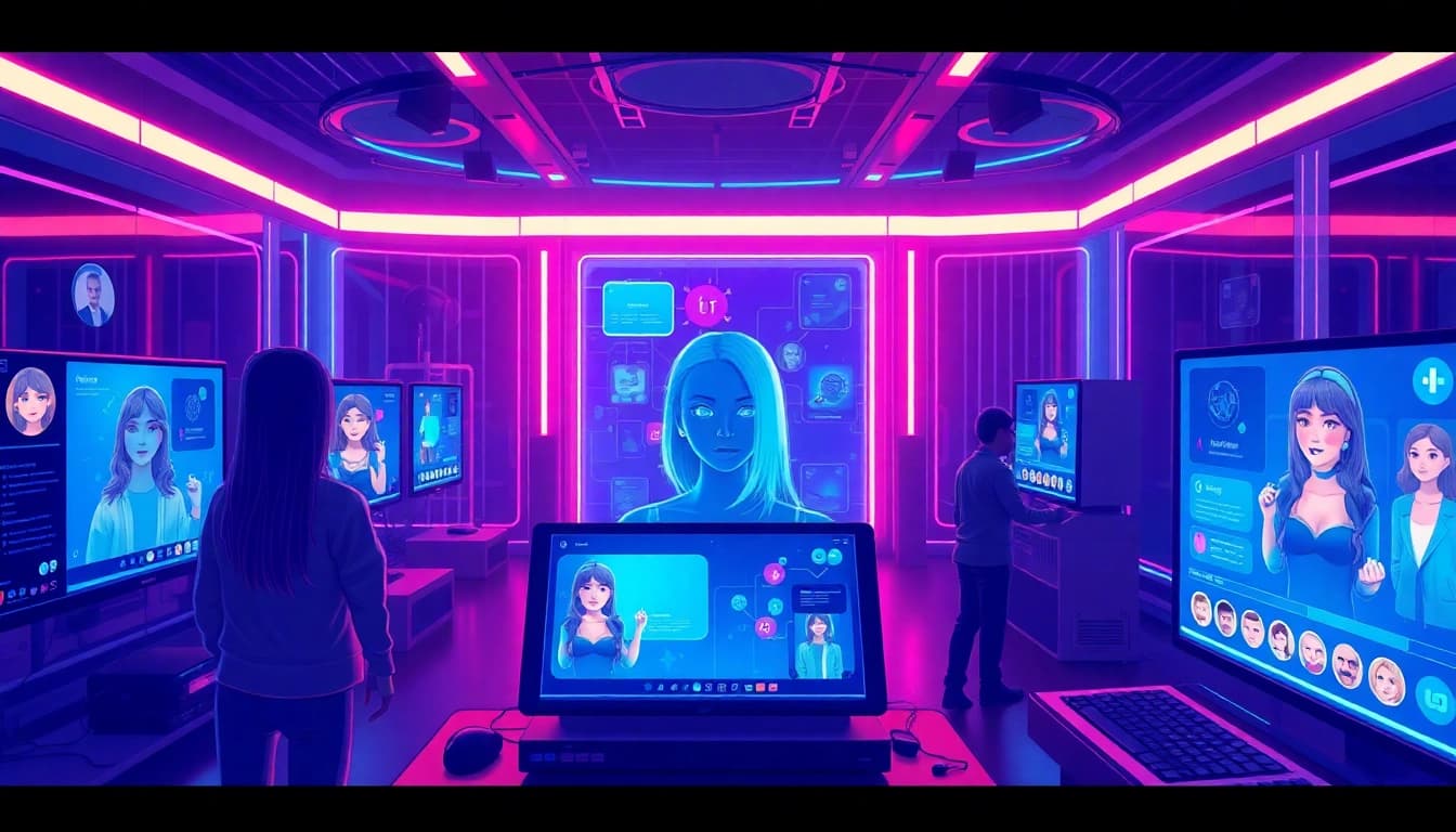 Explore vibrant NSFW AI chat platforms with interactive characters in a futuristic digital space