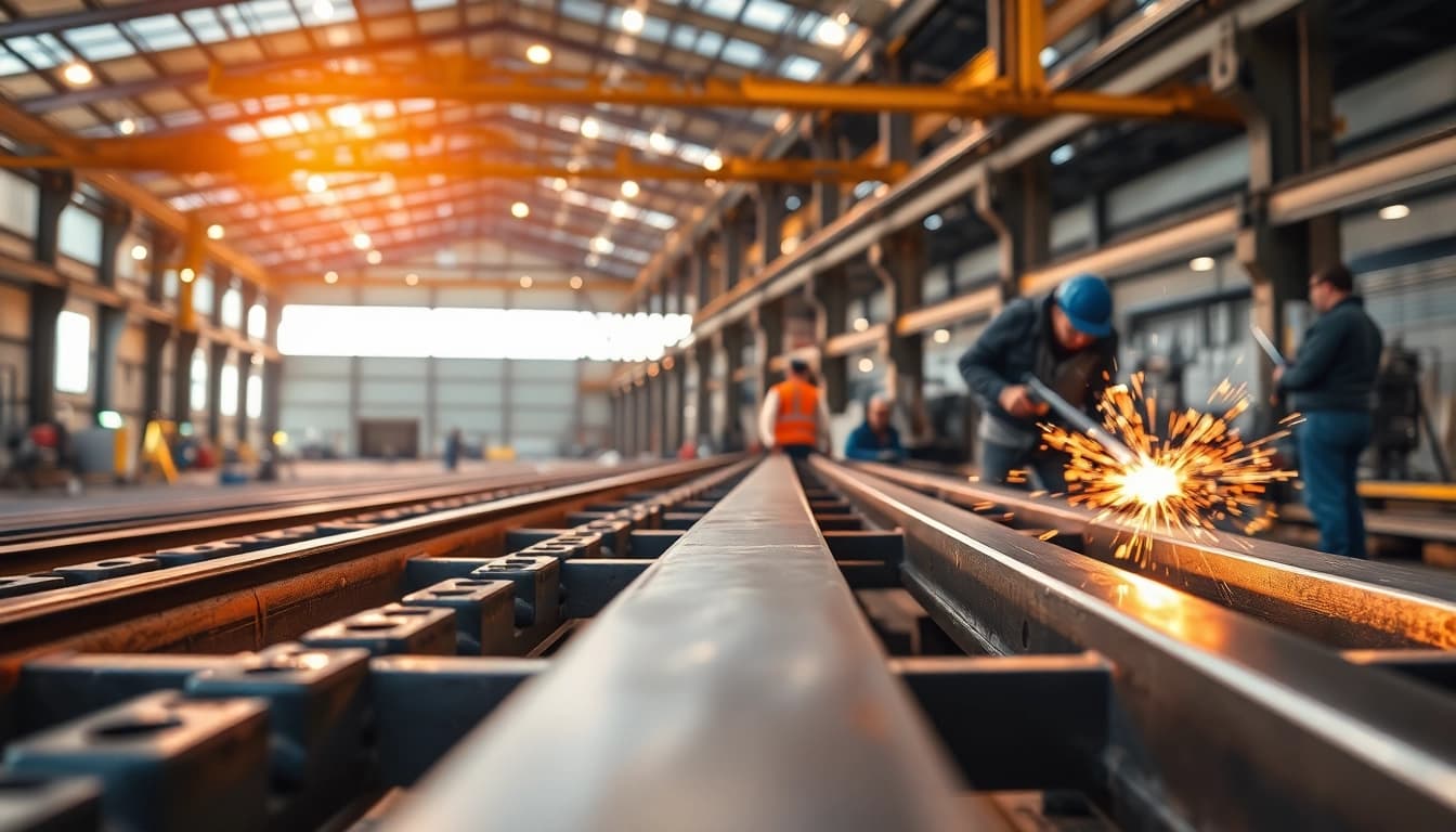 Workers engaged in structural steel fabrication using tools in an industrial setting.