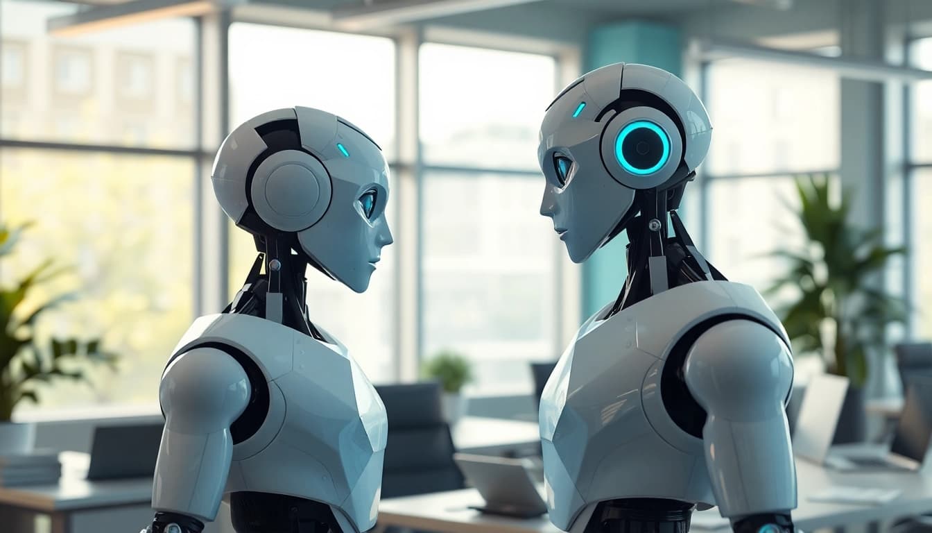 AI Employee humanoid robot assisting in a modern office setting, demonstrating productivity and intelligence.