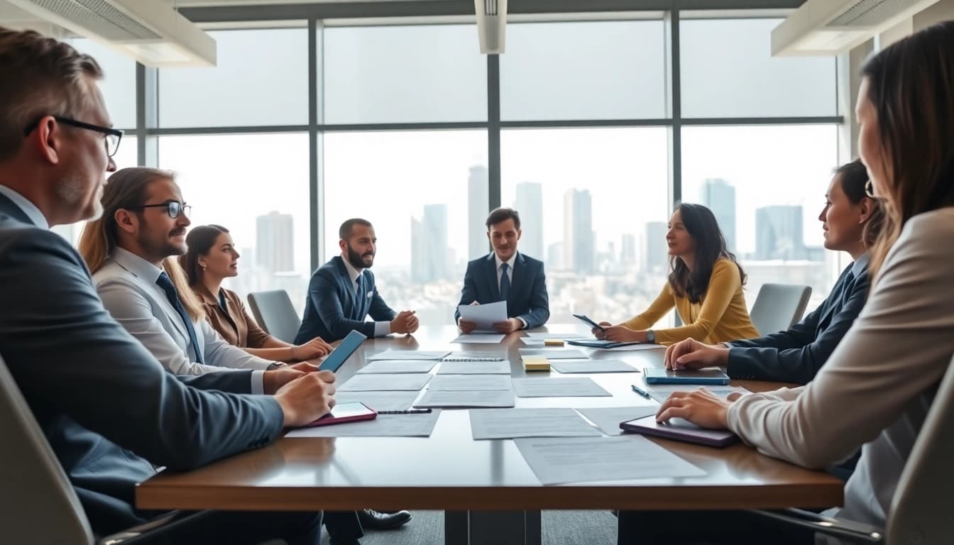 Discussing Federal and State contracts at a professional business meeting in a modern office.