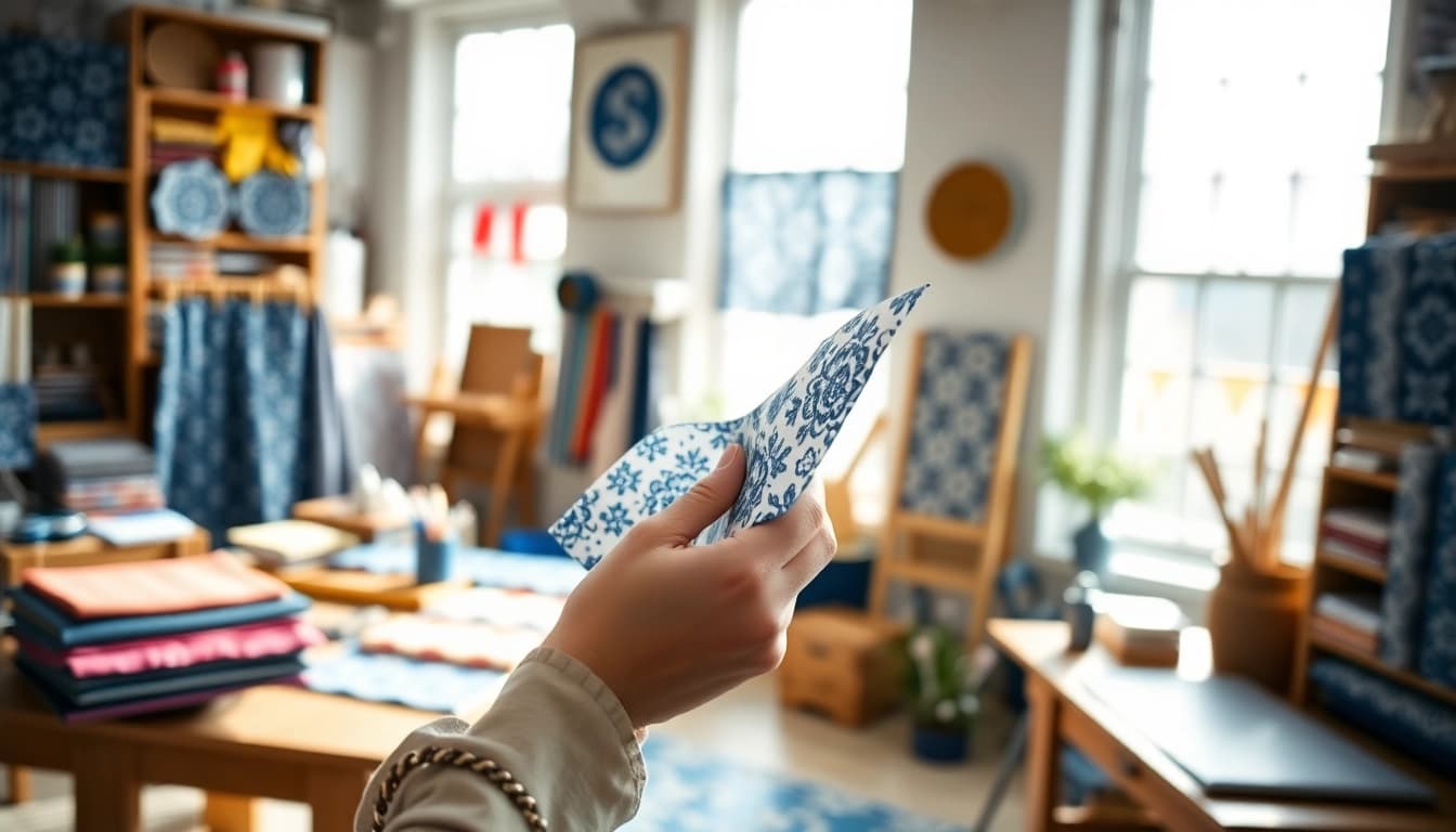 Creëren met delfts blauwe stof in een kleurrijke stoffenstudio.