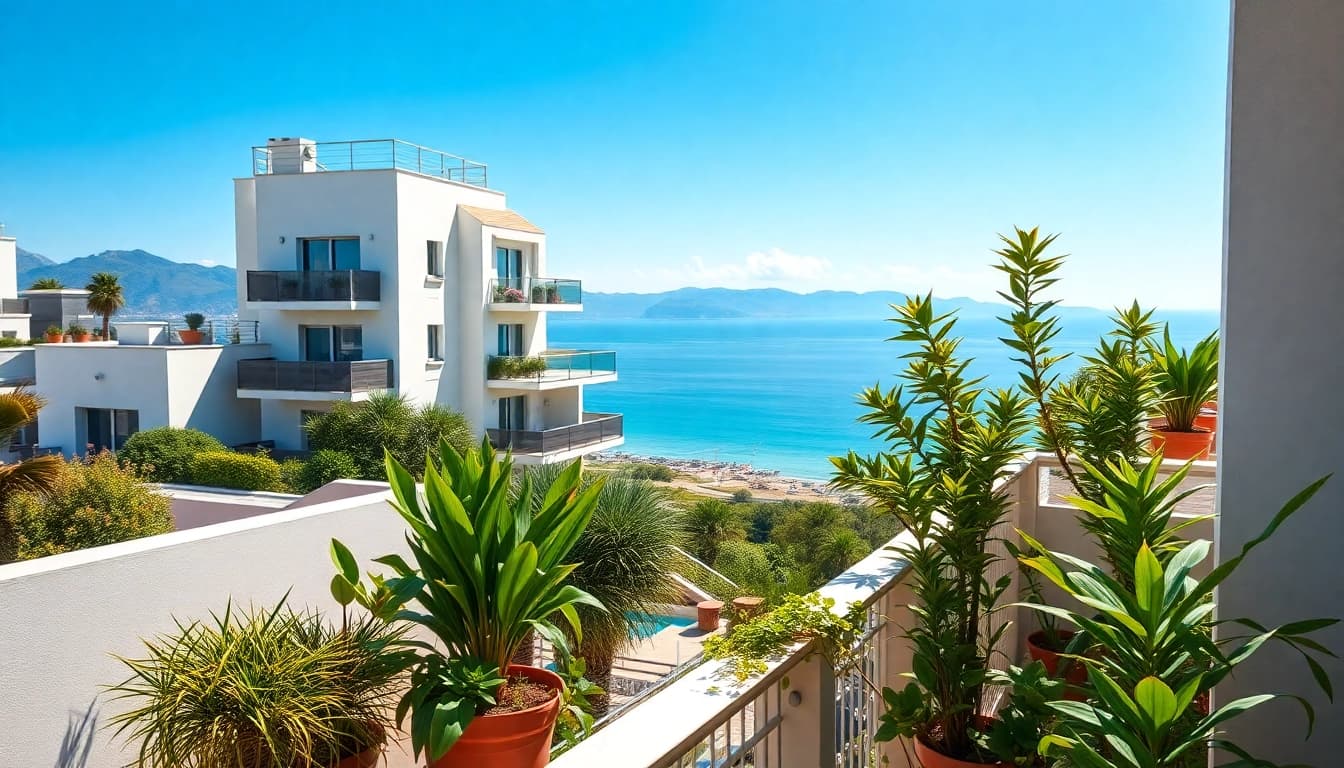 View modern alanya apartments for sale with balcony and stunning Mediterranean background.