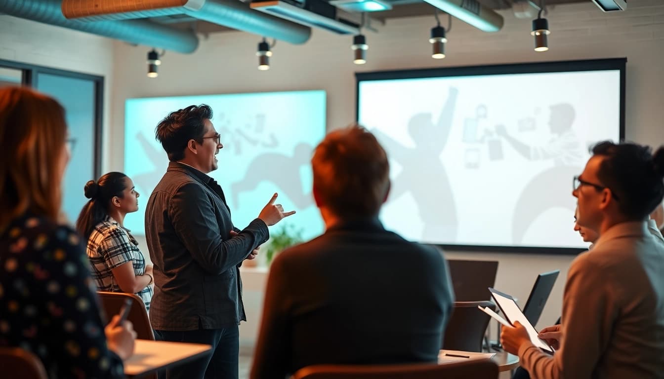 Business coach Los Angeles leading a workshop with engaged participants in a modern office.