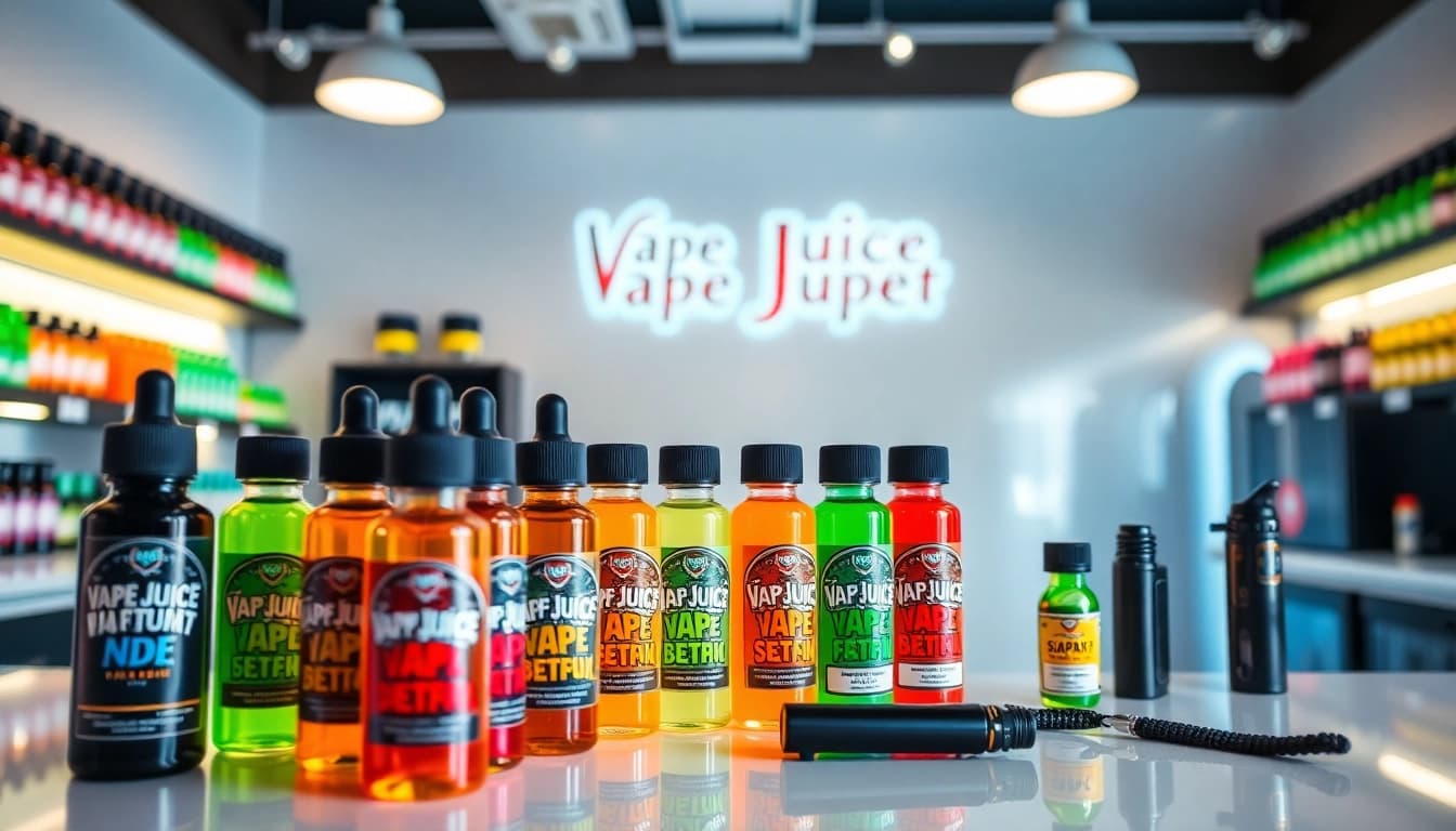 Explore a vibrant vape juice selection at Vape Juice Depot featuring colorful bottles and accessories.