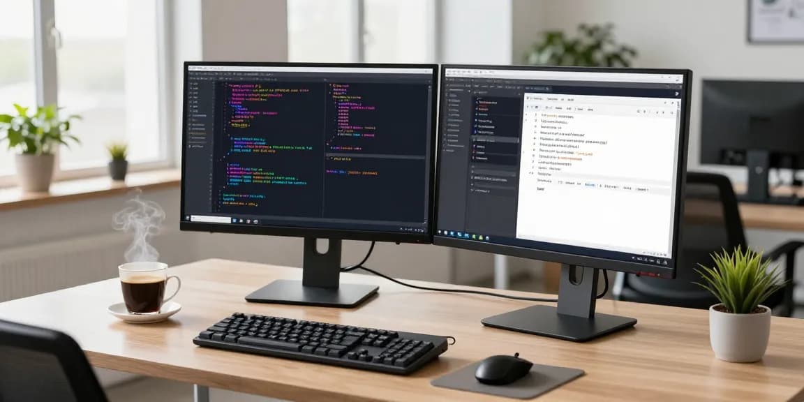 Productive workspace at scenadomen.pl featuring a developer coding on dual monitors.