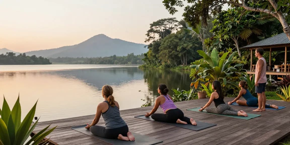 Yoga retreat south coast Sri Lanka with participants practicing Synergy Vinyasa yoga by Koggala Lake at sunrise.