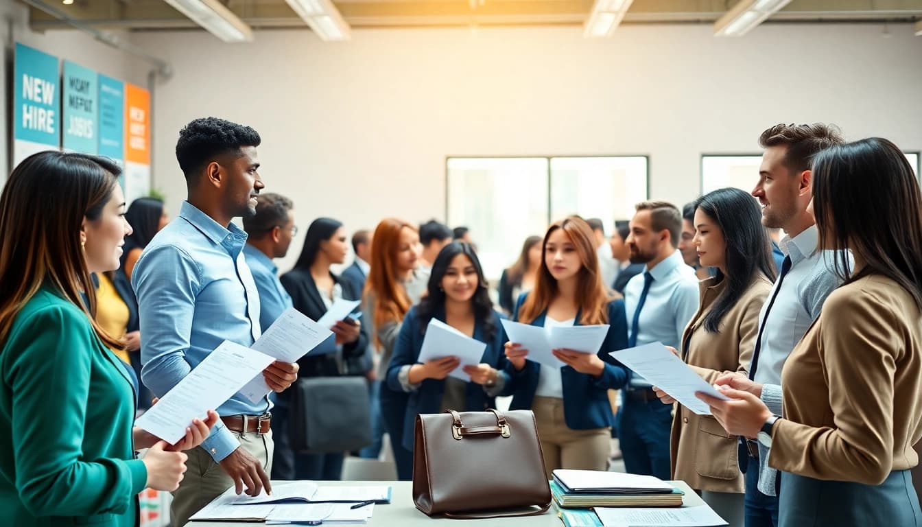 New hire jobs illustrated through a vibrant recruitment fair with job seekers and employers connecting.