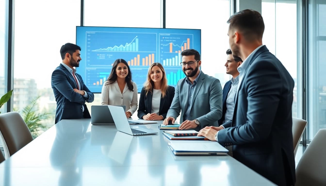 Engaged professionals discussing growth strategy trends in a modern office.