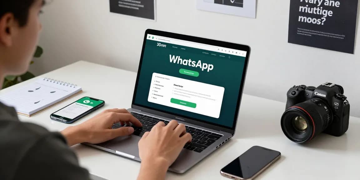 Person using a laptop to download WhatsApp下載 in a modern tech workspace with gadgets and notes.