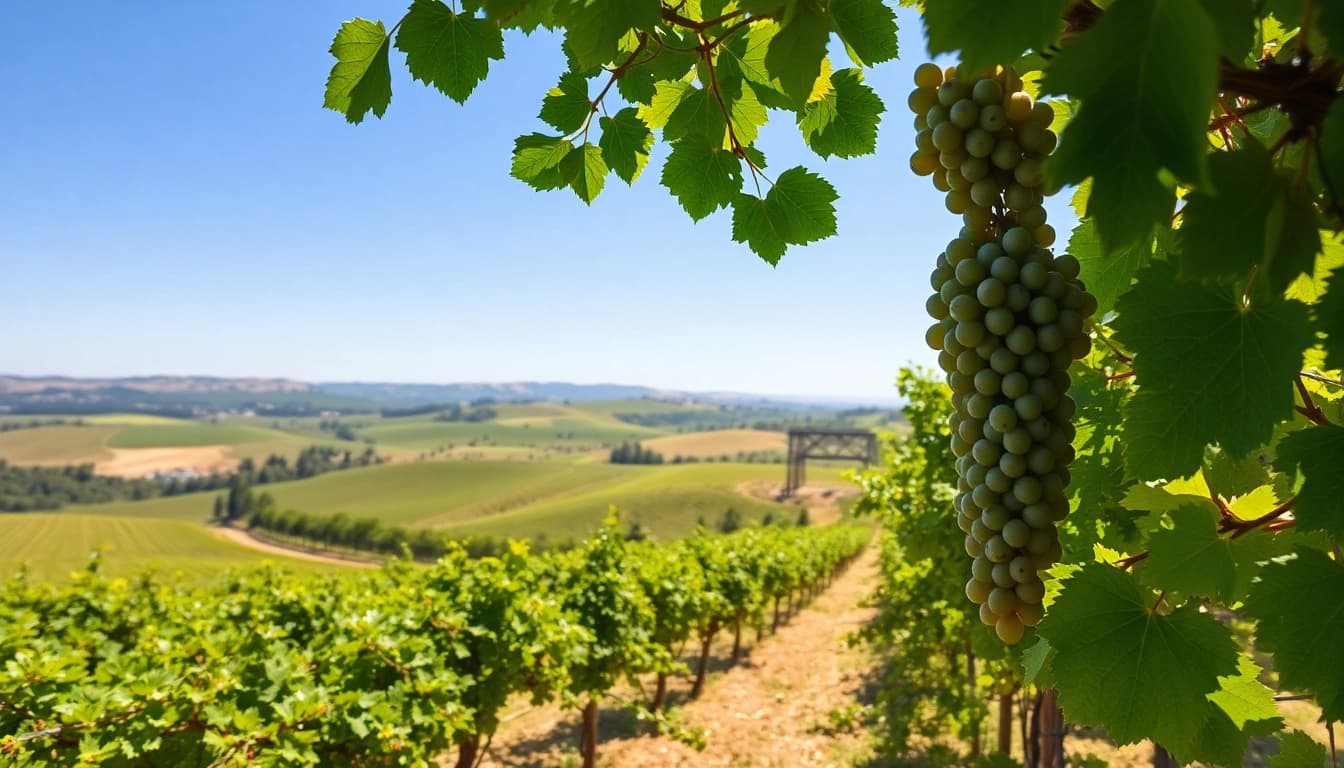 Explore the vineyards of Clarksburg CA, featuring rich green grapevines under bright sunlight.