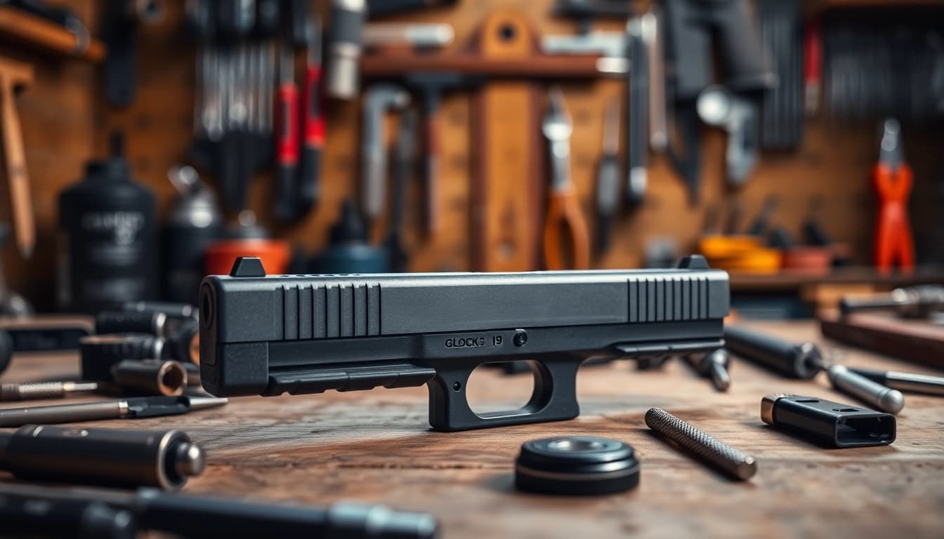 Highlighting the glock 19 slide, showcasing quality and precision in an engaging workshop setting.