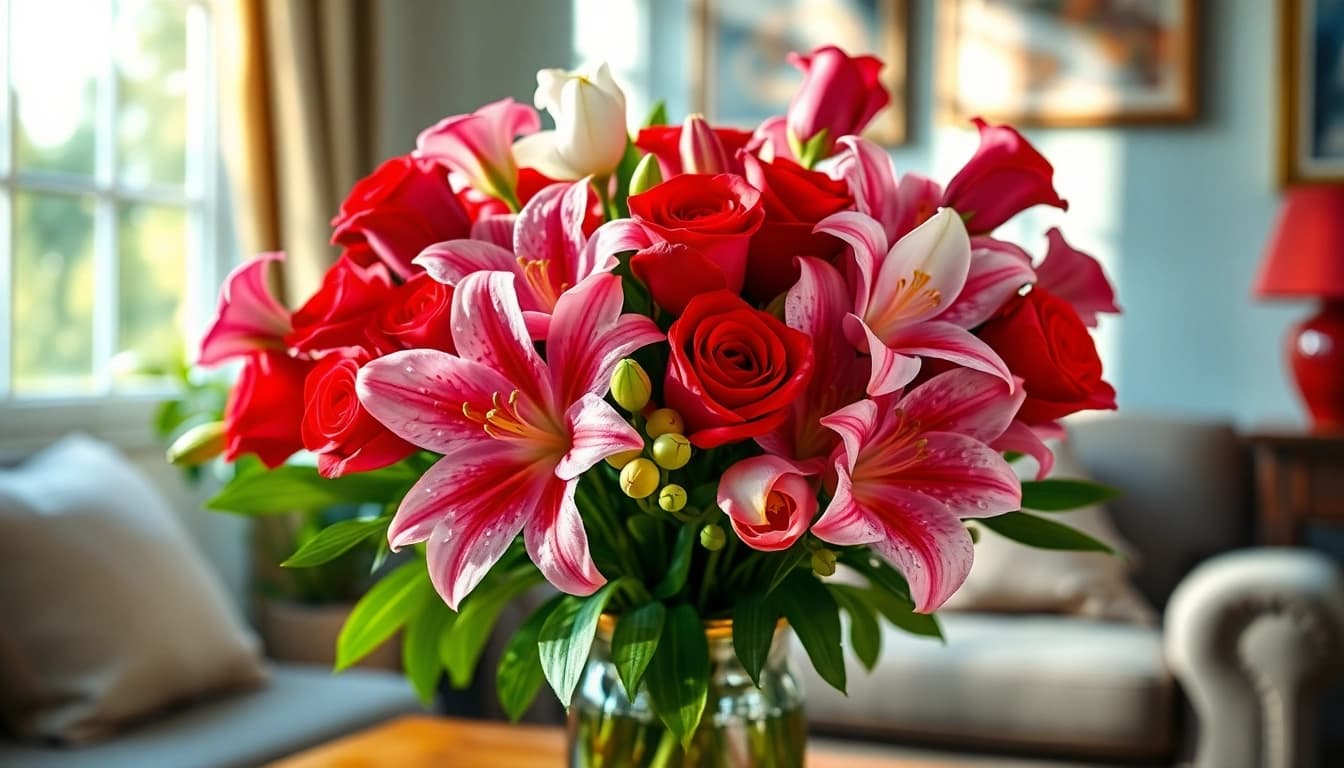 Beautiful arrangement of valentines flowers in a vintage vase showcasing rich colors and textures.