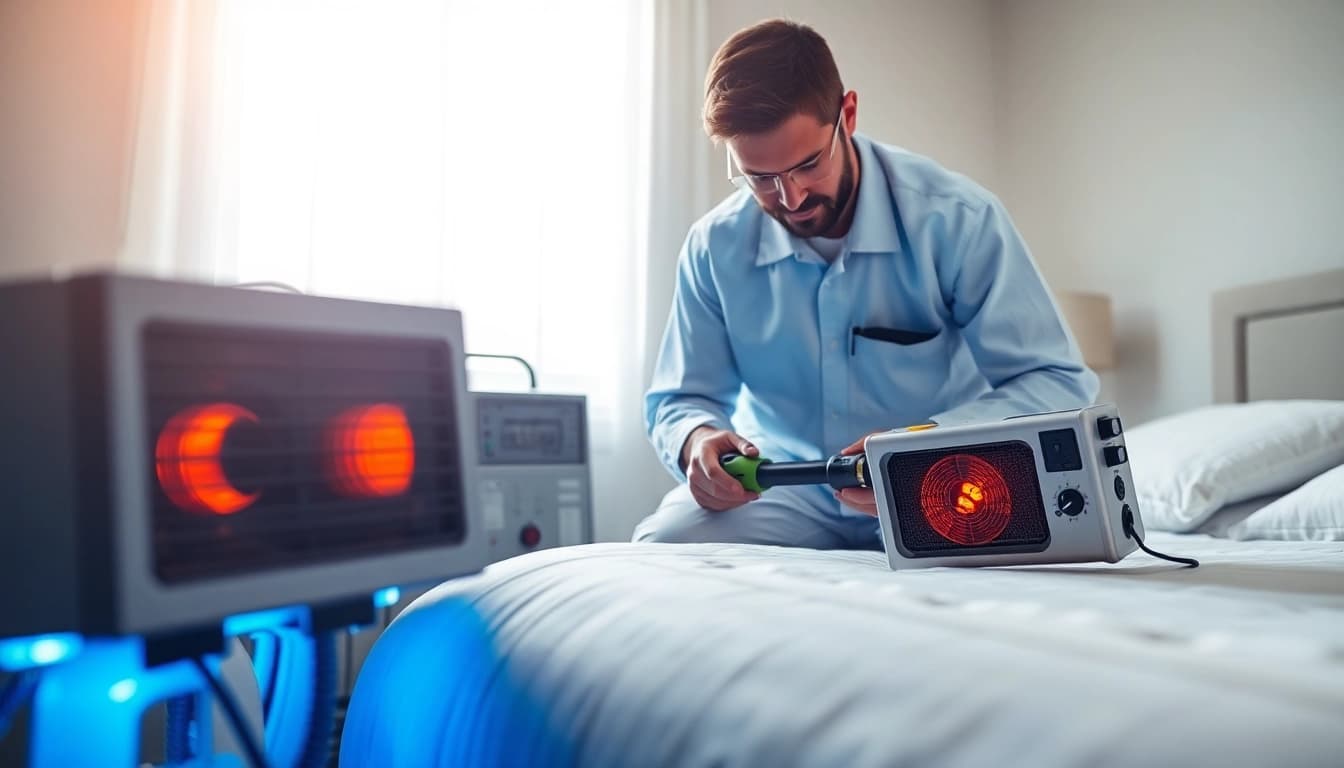 Expert performing bed bug heat treatment with specialized equipment in a professional environment.
