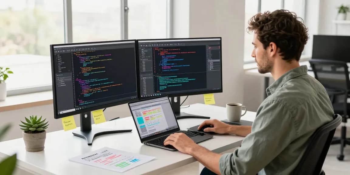 Developer coding in a modern workspace with vibrant screens; 纸飞机中文版 productivity atmosphere.