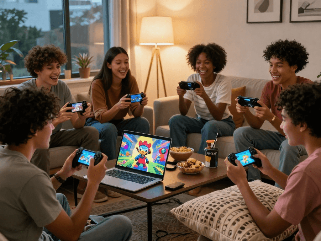 Friends enjoying adult games in a cozy living room, showcasing an engaging and vibrant atmosphere.
