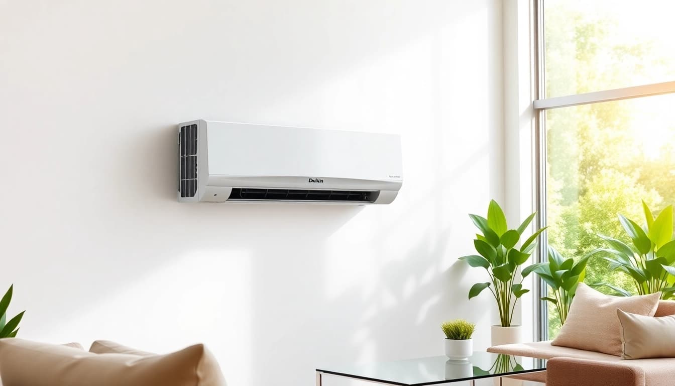 Install a Daikin mini split AC unit in a contemporary living room with natural light and minimalistic decor.