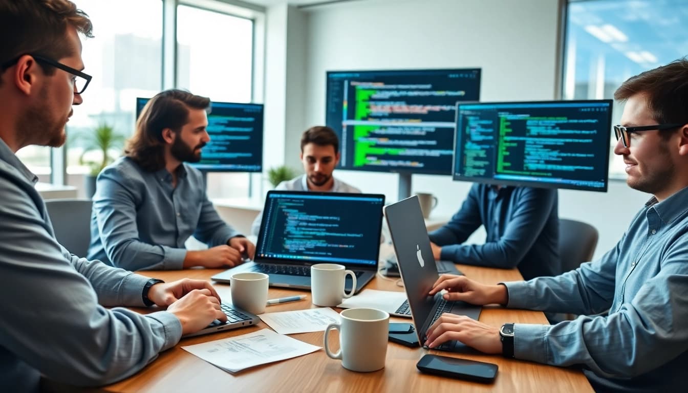 Showcase of a test automation tool in a vibrant office setting with developers collaborating.