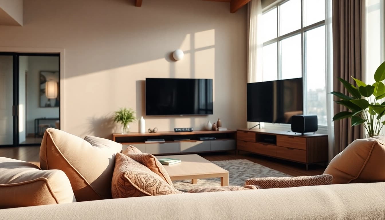 Steuerung des Panasonic TX-L42ETW60 in einem modernen Wohnzimmer mit stilvollen TV-Zubehörteilen.
