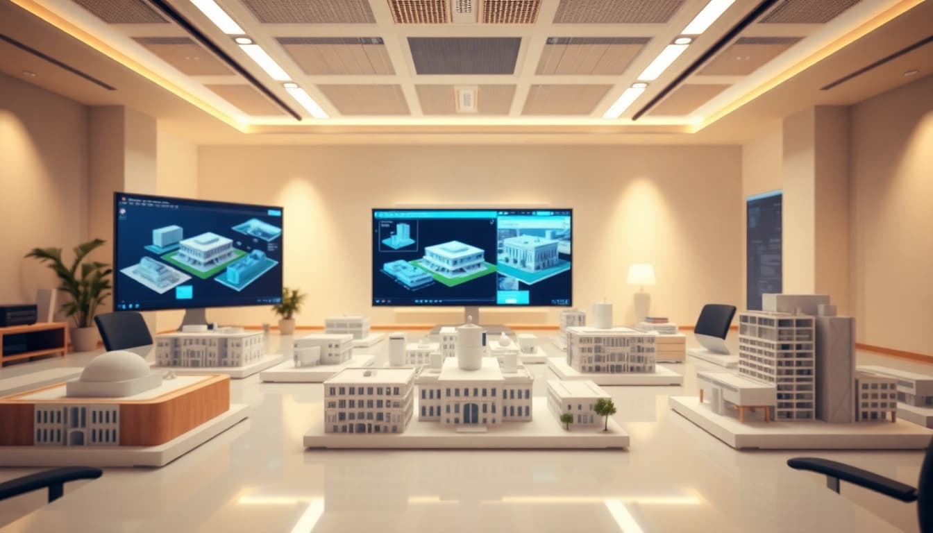 3D Visualisierung erstellen in einem modernen Architekturbüro mit digitalen Modellen.