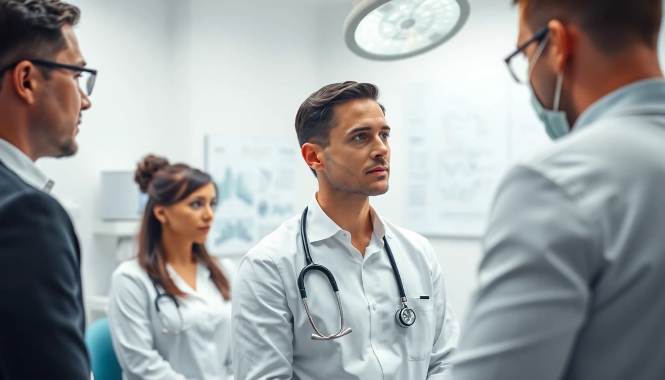 Patients exploring hair transplant uk options in a consultation with a professional surgeon.