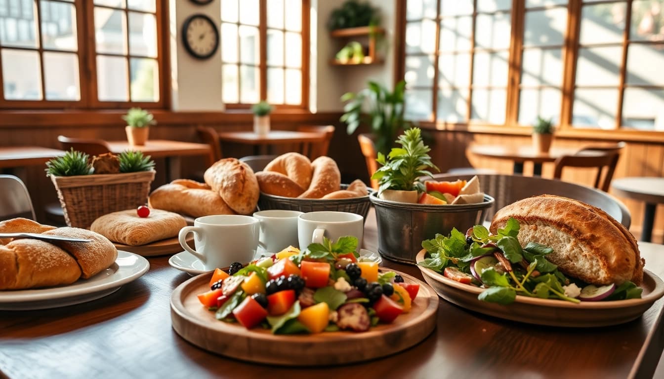 Penawaran lezat dari https://kingarthurcafe.com/menu yang menampilkan suasana kafe yang hangat dengan beragam kue panggang.