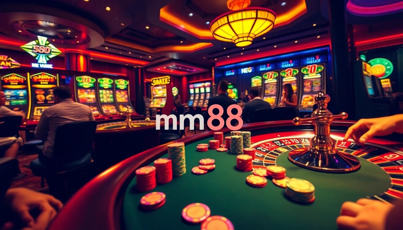 mm88 casino scene showcasing an exhilarating poker game with vibrant chips and attentive players surrounding a roulette wheel.