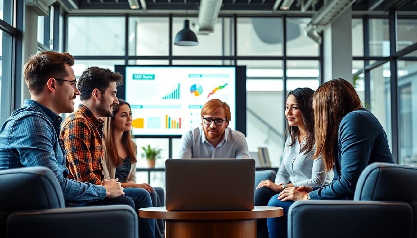 SEO Agentur mit KI strategizes in a modern office with high-tech tools.