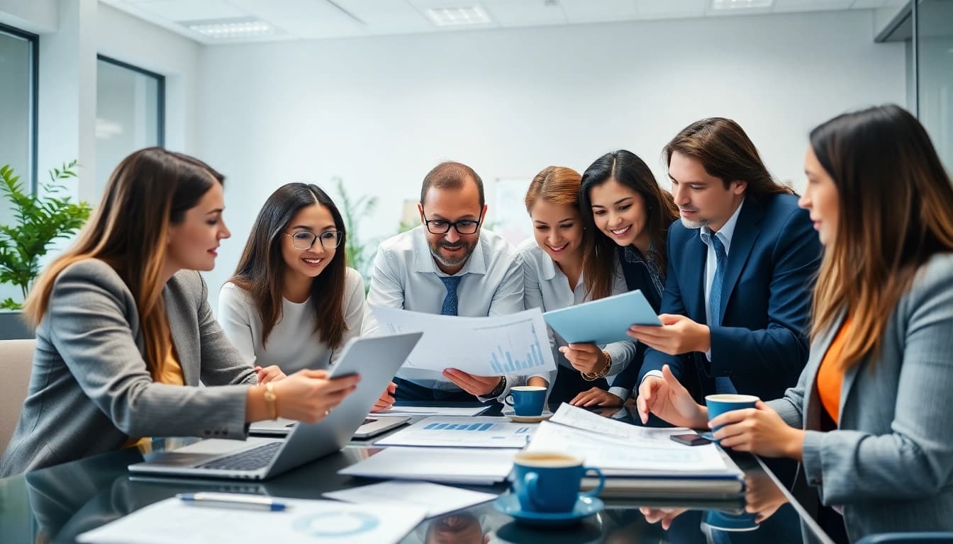 Quickplus Business Consultants collaborating in a modern office setting, emphasizing professionalism and teamwork.