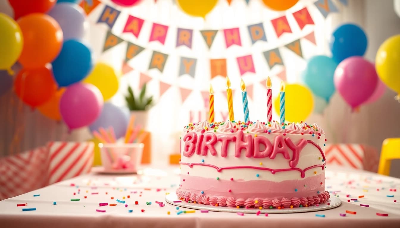 Celebrate with customizable birthday party decorations showcasing a personalized cake and colorful balloons.