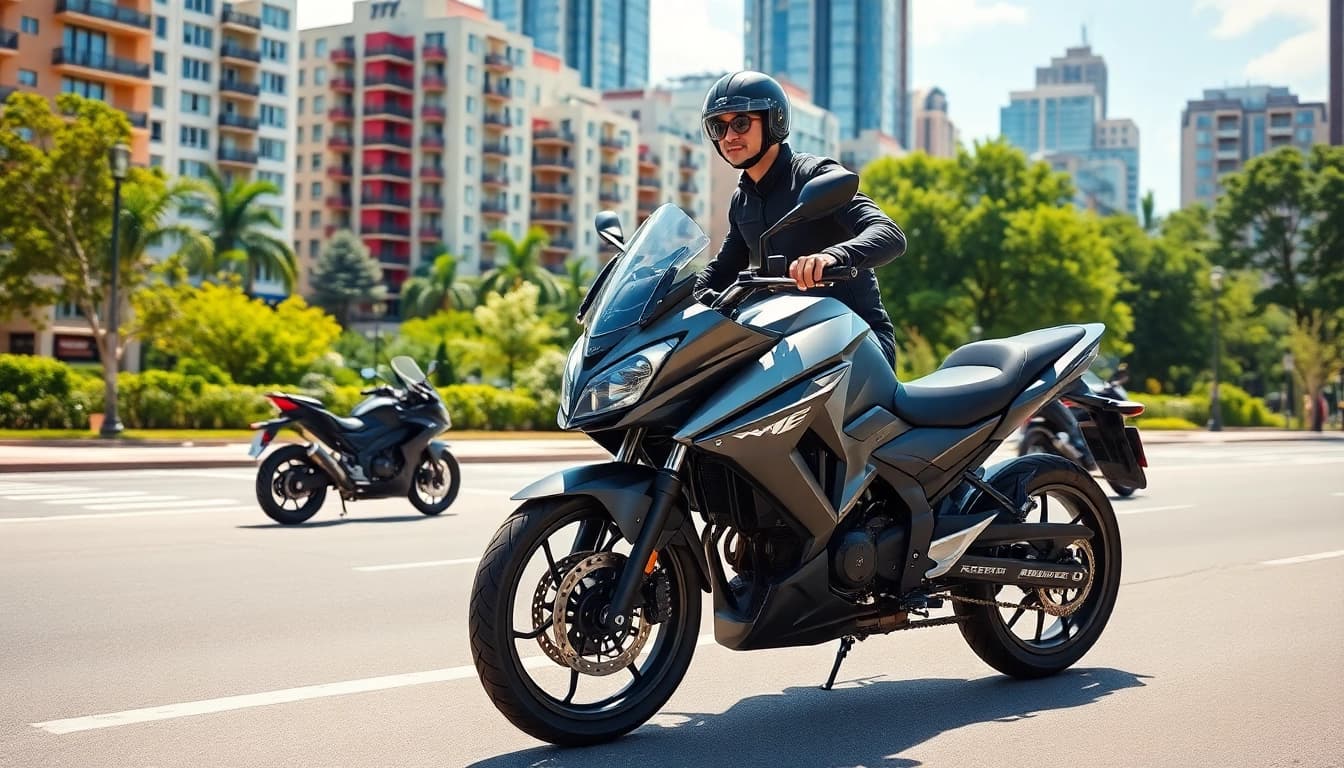 Showcasing 125cc and 250cc beginner motorcycles with riders in an urban landscape.
