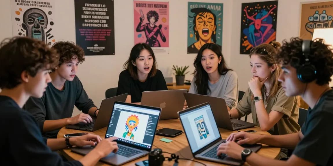 Dynamic online community discussing NSFW content with laptops and tablets, fostering engagement and creativity.
