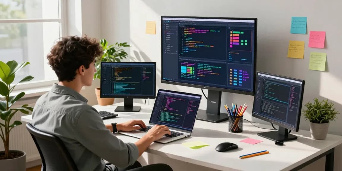 Dynamic workspace with coding and tech tools capturing the essence of 纸飞机官网 at a modern office.