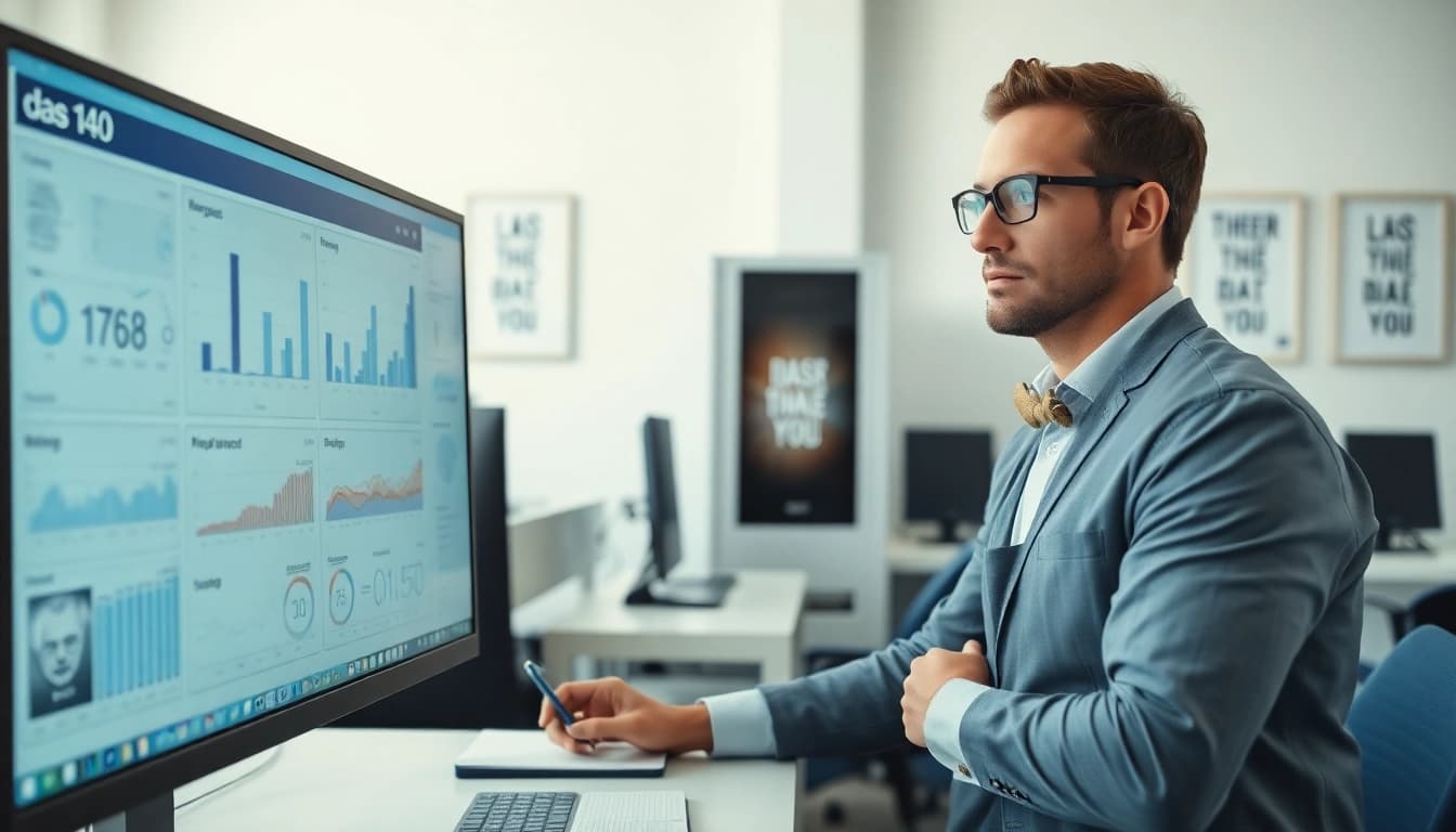 Engineer examining data related to das 140 in a modern office setting, showcasing analytics.