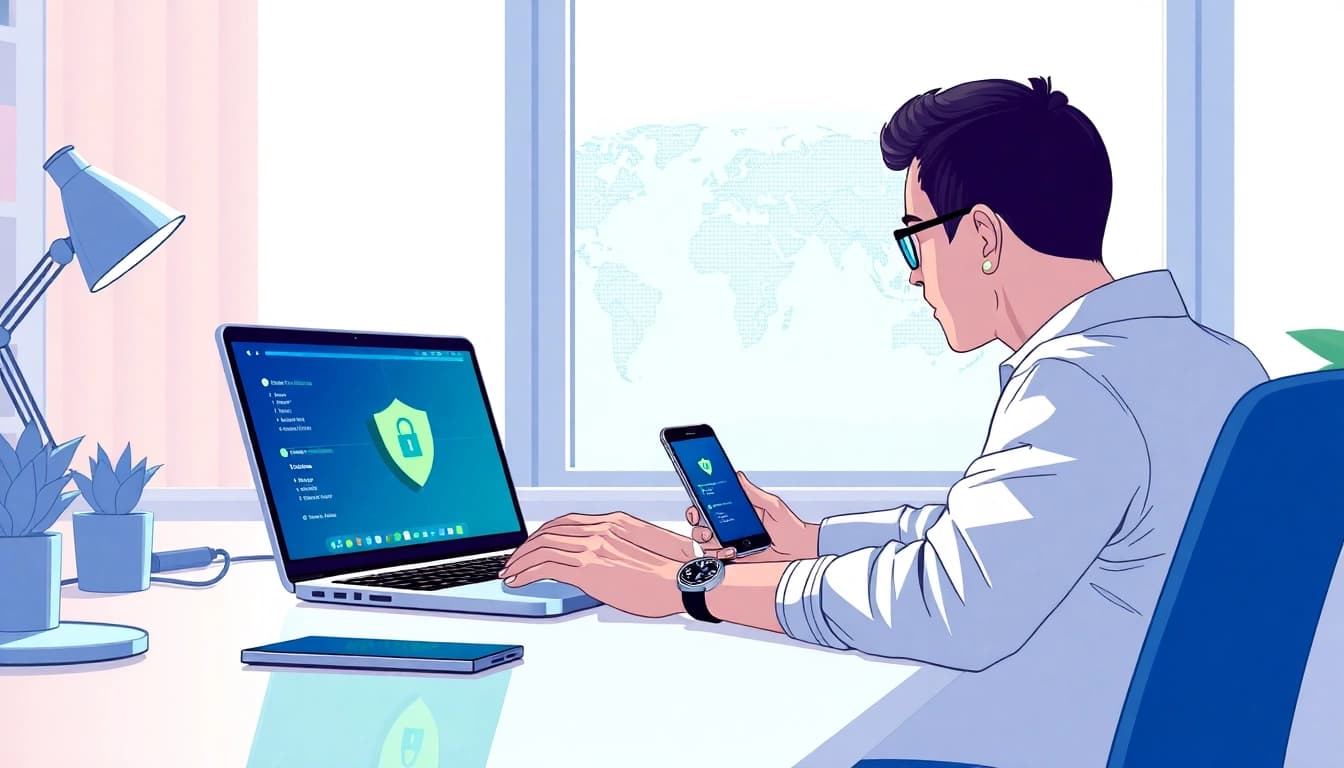 Connect to 快连官网 VPN effortlessly in a modern workspace, showcasing global connectivity and digital security.