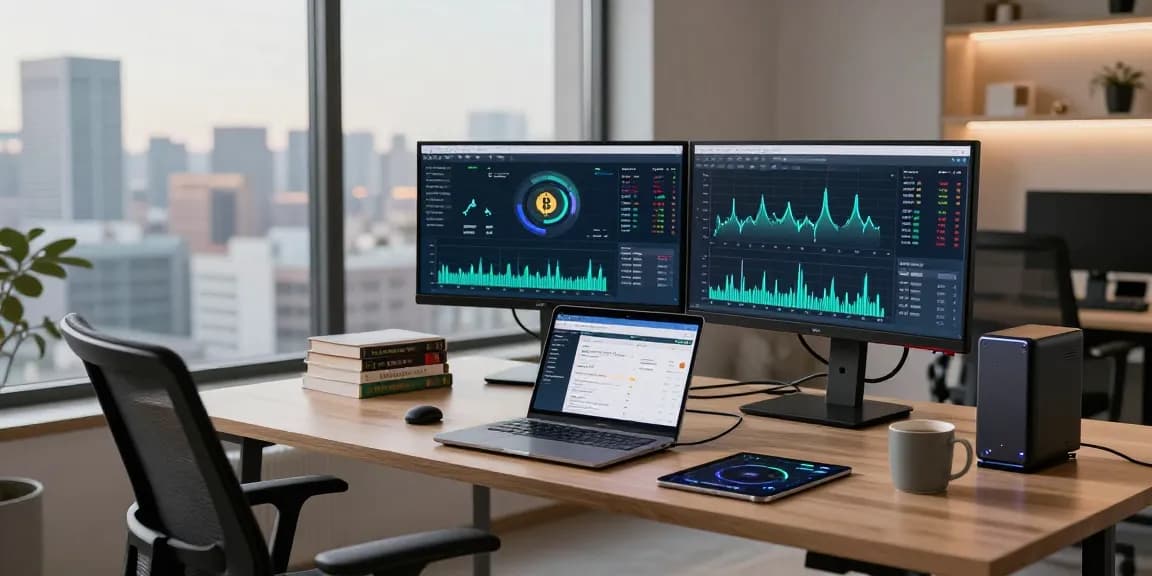 crypto mining service workspace with monitors displaying blockchain analytics and performance metrics, ergonomic desk setup for productive cryptocurrency operations