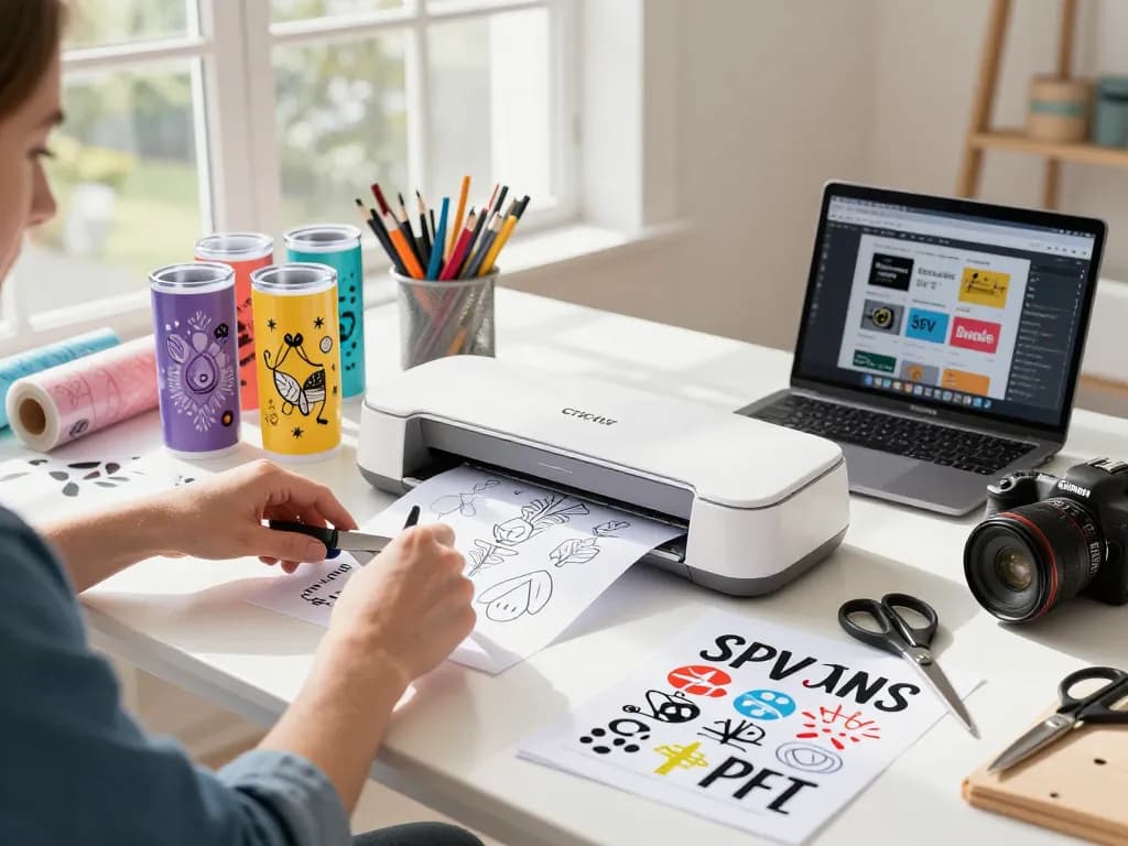 Crafting enthusiast using SVG files for tumbler designs in a vibrant workshop.