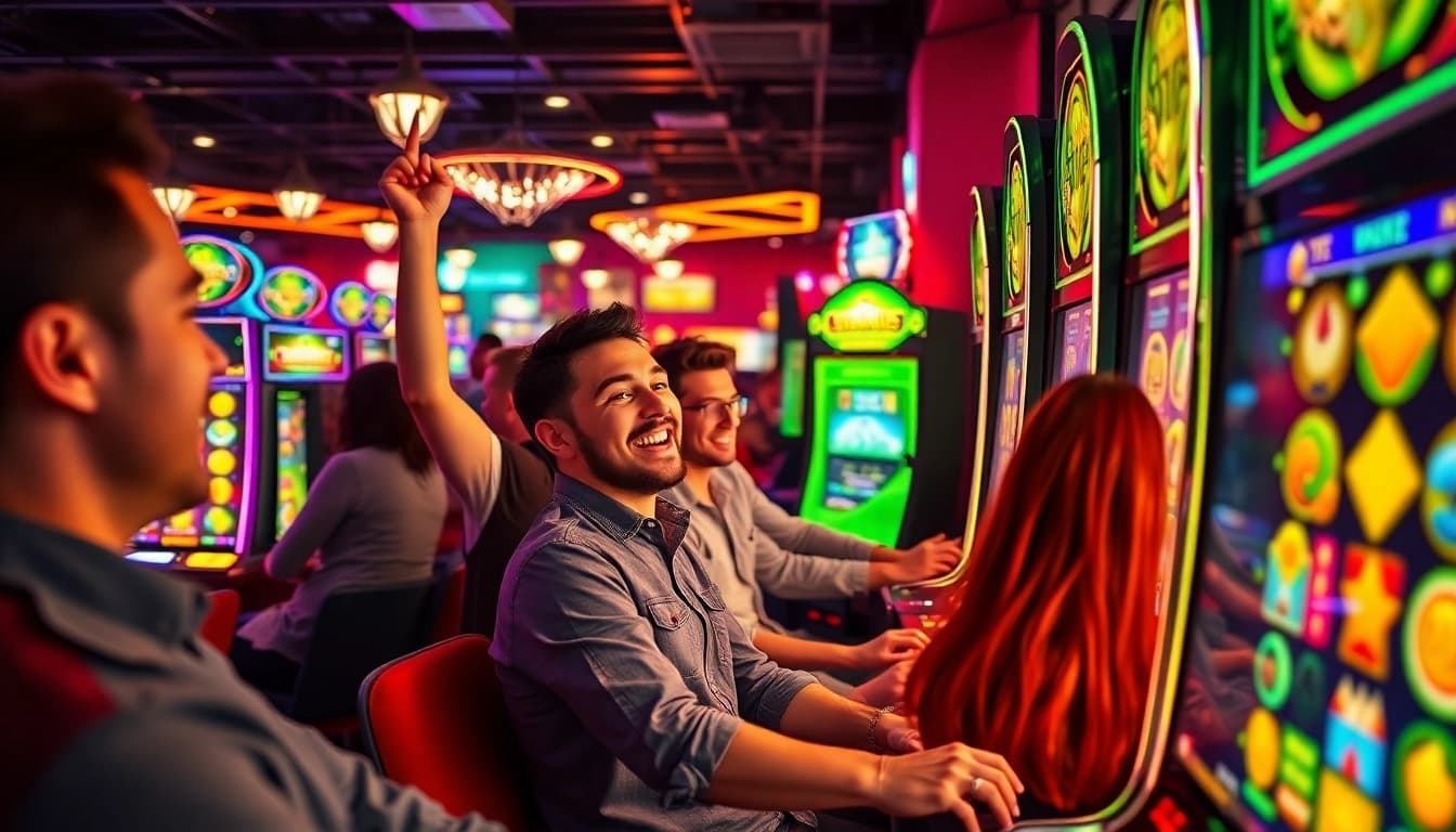 Kode4d gaming platform showcasing vibrant slot games and enthusiastic players in a lively atmosphere.