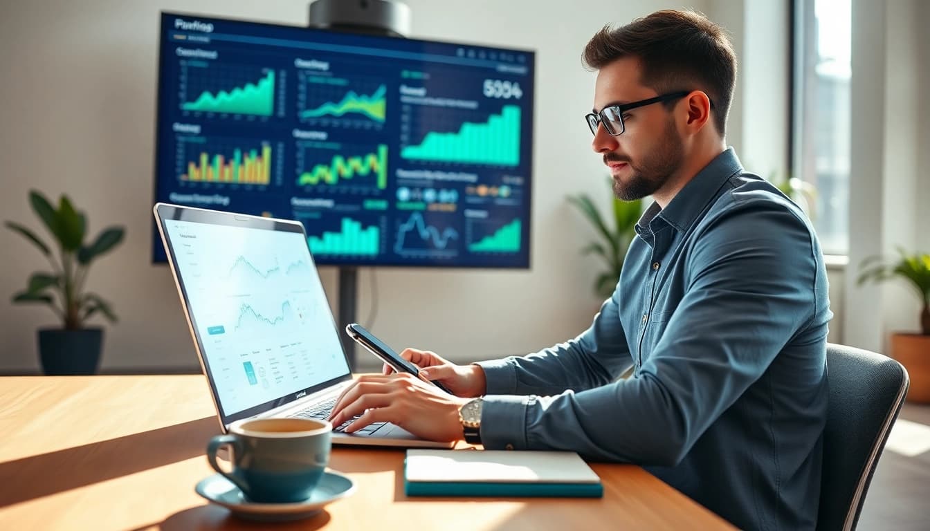 Analyzing website data on https://rr88rd.com/ in a modern office with vibrant charts and graphs.