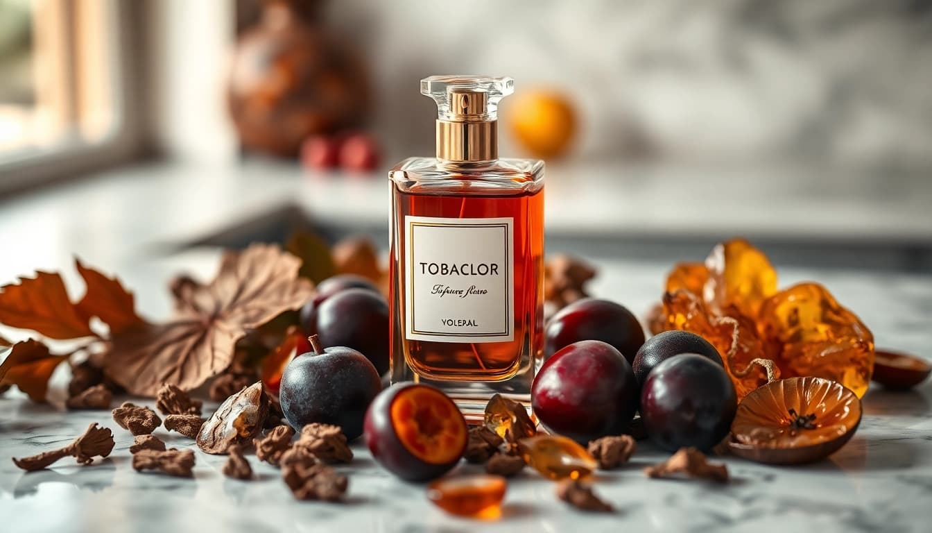 Experience the essence of tobacolor with a beautifully arranged perfume setup.