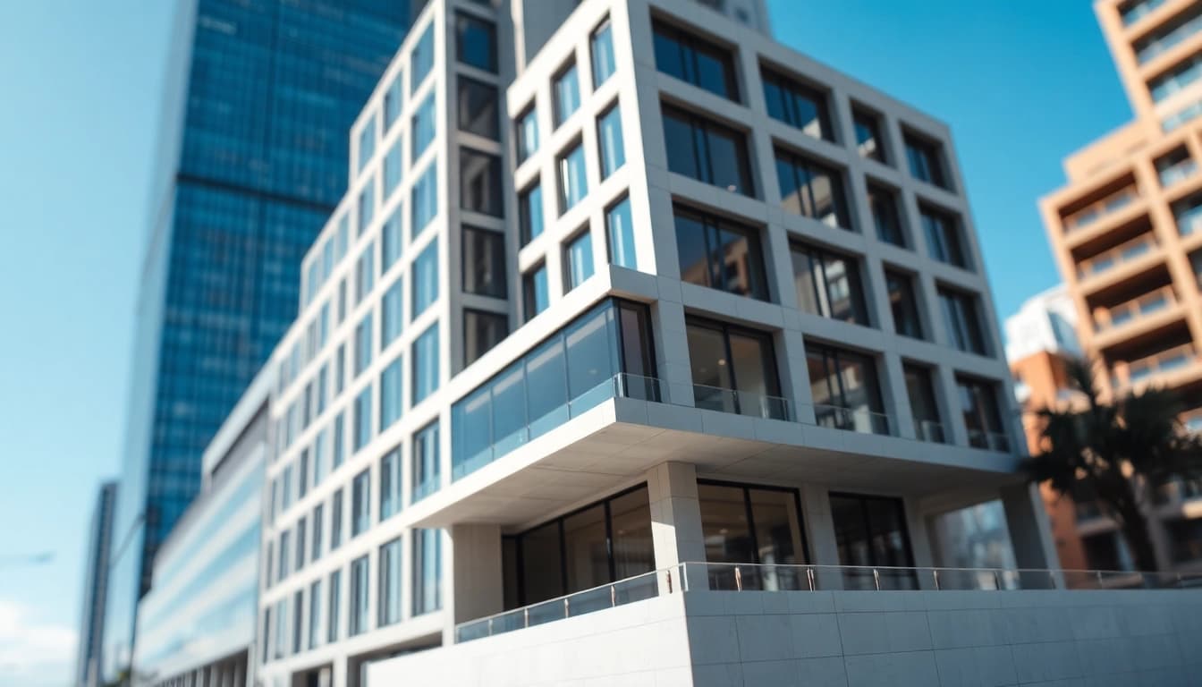 Architekturmodellbau Dortmund: Detailliertes Modell eines modernen Gebäudes mit urbanem Hintergrund.