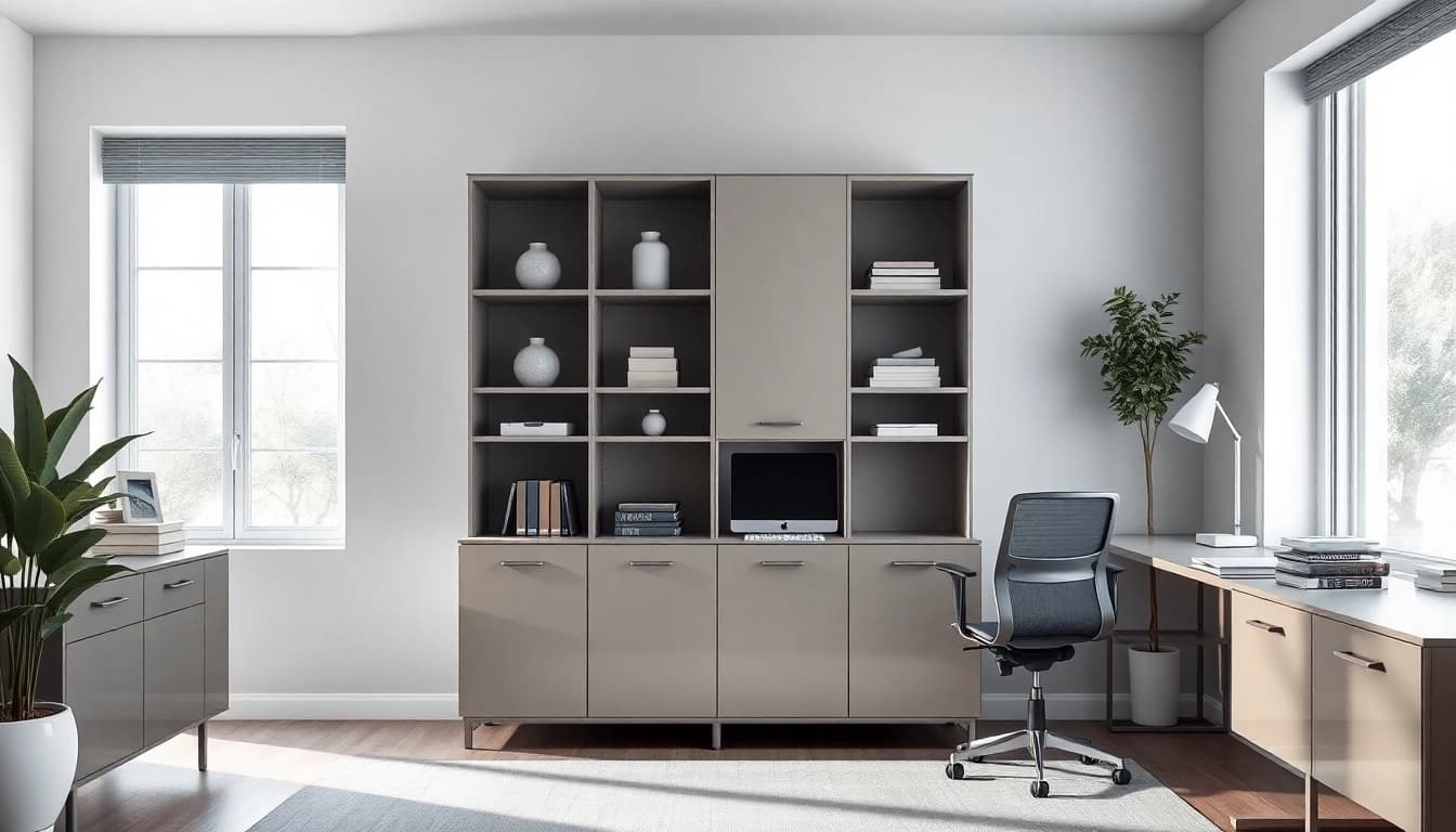 Stylish storage cabinet enhancing a modern office space with organized shelves and design.