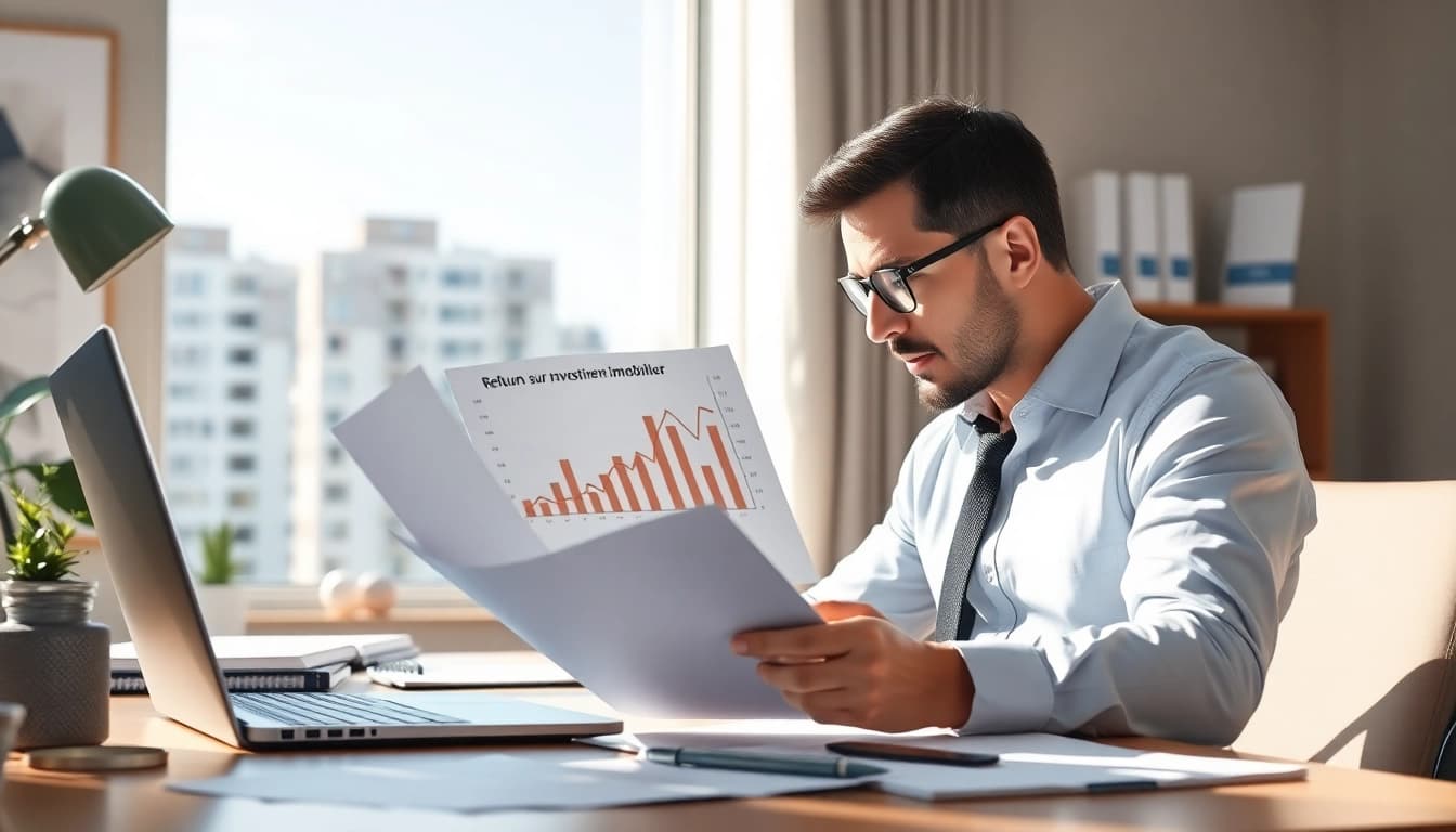 Analyse du retour sur investissement immobilier avec un investisseur dans un bureau moderne, éclairage naturel.