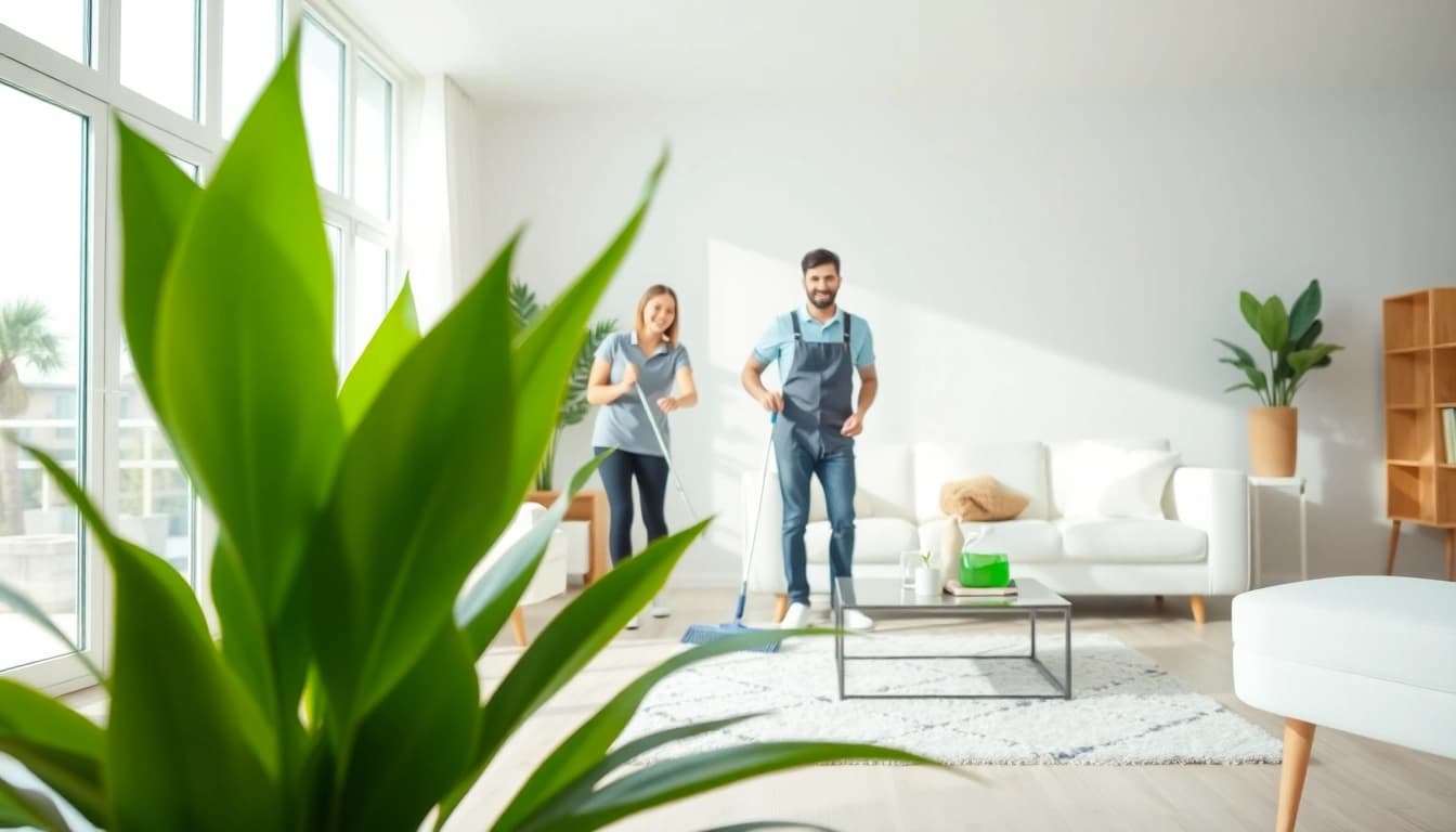 Cleaning Service performed by professional cleaners in a bright and inviting living room setting.